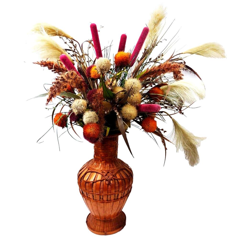 Dried Floral Arrangement in Woven Bamboo Vase Grass Phalaris Everyday Mix 29"